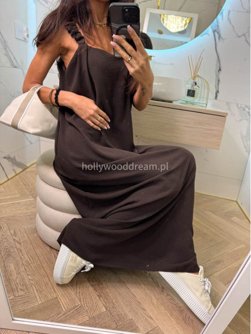 Sukienka maxi luźna z drapowaniem na ramieniu OTYLIA czekoladowa 19 - photo #13