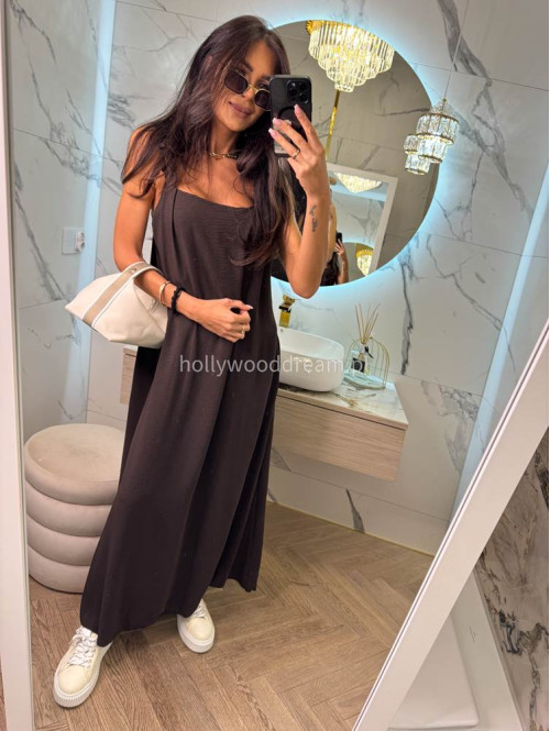 Sukienka maxi luźna z drapowaniem na ramieniu OTYLIA czekoladowa 19 - photo #15