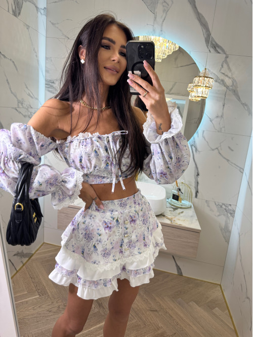 Komplet top+spódniczka mini w print kwiatków z falbaną i koronką ALICE liliowy 169