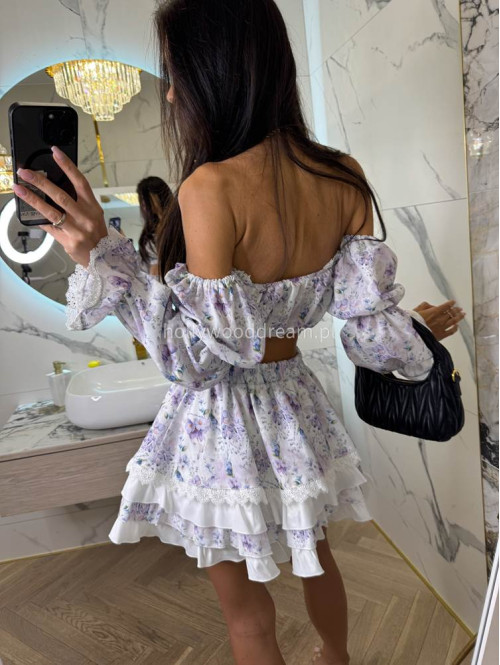 Komplet top+spódniczka mini w print kwiatków z falbaną i koronką ALICE liliowy 169 - photo #15