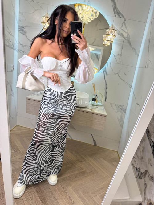 Spódnica maxi siateczkowa w print zebry z wiskozą ANIMALS biało-czarna 25 - photo #19