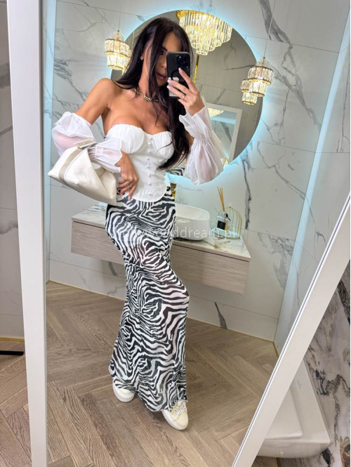 Spódnica maxi siateczkowa w print zebry z wiskozą ANIMALS biało-czarna 25 - photo #28