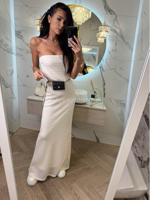 Sukienka maxi szydełkowa bez ramiączek z bawełną MAGDALENA ecru 25 - photo #11
