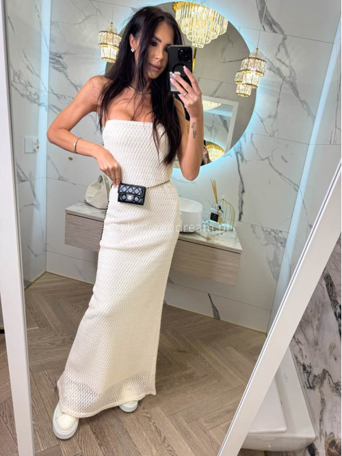 Sukienka maxi szydełkowa bez ramiączek z bawełną MAGDALENA ecru 25 - photo #17