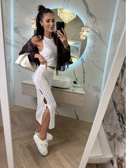 Komplet szydełkowy top+ spódnica midi z wiskozą BOHO biały 09