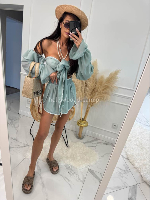 Komplet letni z dodatkiem koronki top wiązany + spodenki z wiskozą CLAUDIE pistacjowy 169 - photo #8