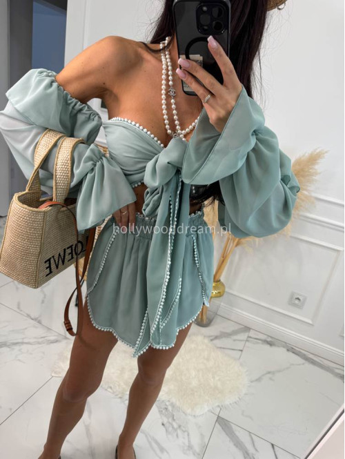 Komplet letni z dodatkiem koronki top wiązany + spodenki z wiskozą CLAUDIE pistacjowy 169 - photo #10