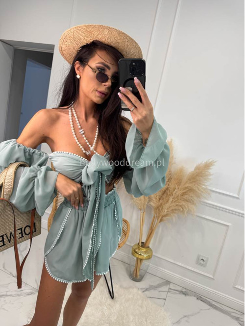 Komplet letni z dodatkiem koronki top wiązany + spodenki z wiskozą CLAUDIE pistacjowy 169 - photo #15