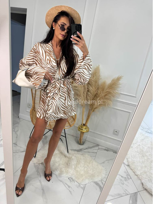 Komplet kimono z paskiem+ spodenki z lnem, wiskozą i bawełną PATRYK zebra drobna beżowa 161 - photo #3