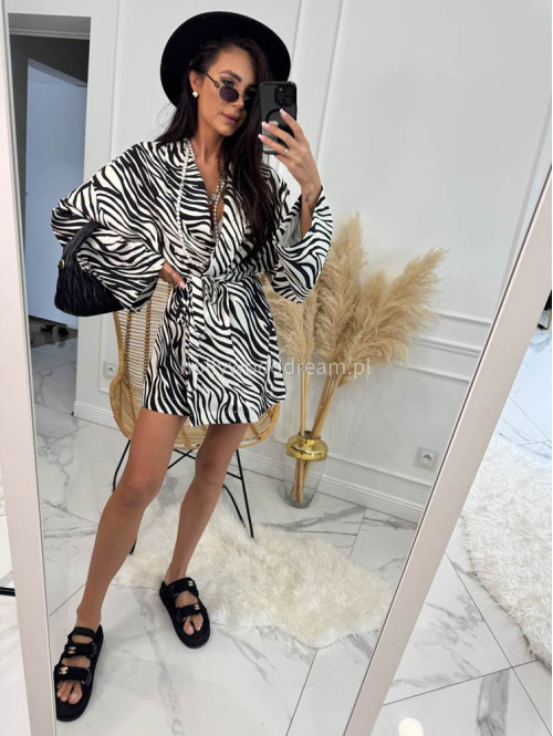 Komplet kimono z paskiem+ spodenki z lnem, wiskozą i bawełną PATRYK zebra drobna czarna 161 - photo #3