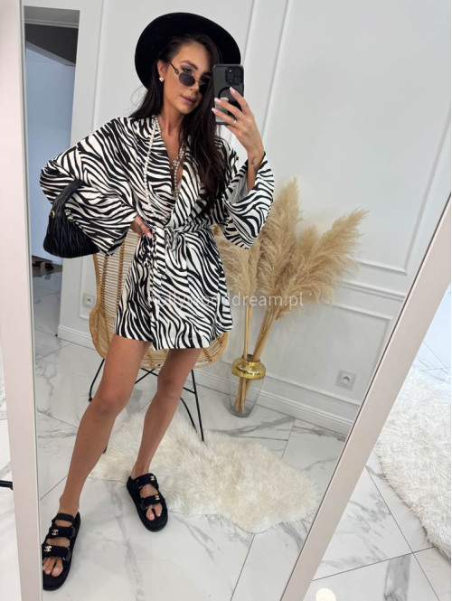 Komplet kimono z paskiem+ spodenki z lnem, wiskozą i bawełną PATRYK zebra drobna czarna 161 - photo #4