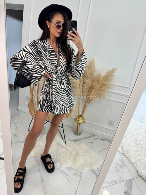 Komplet kimono z paskiem+ spodenki z lnem, wiskozą i bawełną PATRYK zebra drobna czarna 161 - photo #5