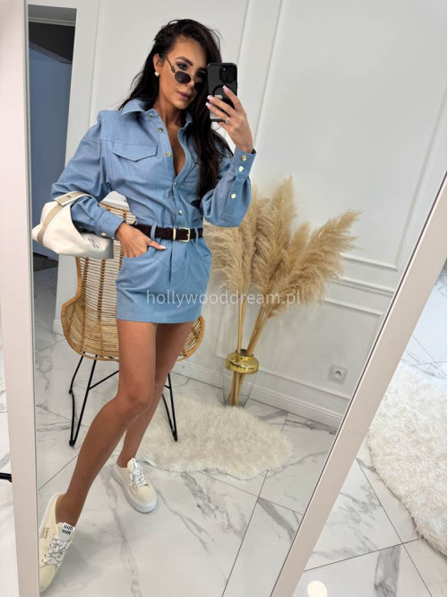 Sukienka mini jeansowa na długi rękaw 100% bawełna DENIM niebieska 161 - photo #1