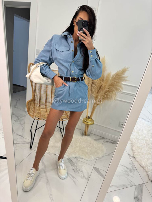 Sukienka mini jeansowa na długi rękaw 100% bawełna DENIM niebieska 161 - photo #4
