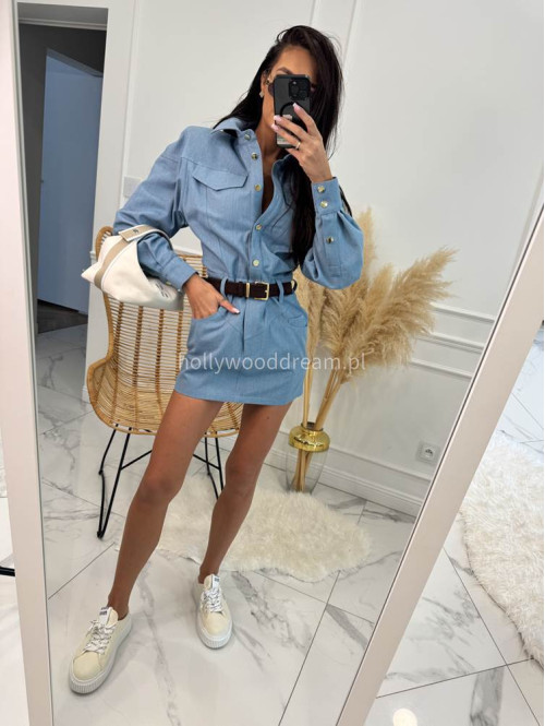 Sukienka mini jeansowa na długi rękaw 100% bawełna DENIM niebieska 161 - photo #5