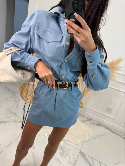 Sukienka mini jeansowa na długi rękaw 100% bawełna DENIM niebieska 161 - photo #6