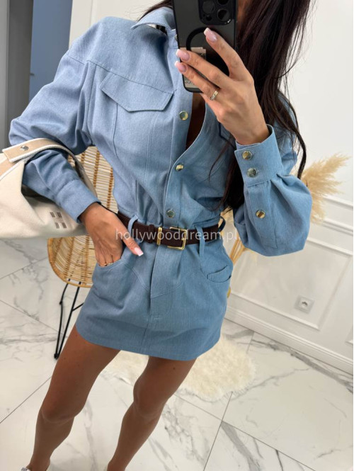 Sukienka mini jeansowa na długi rękaw 100% bawełna DENIM niebieska 161 - photo #7