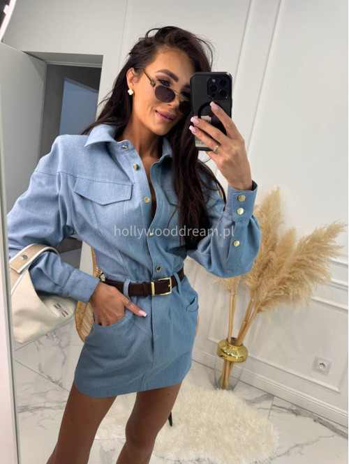 Sukienka mini jeansowa na długi rękaw 100% bawełna DENIM niebieska 161 - photo #8