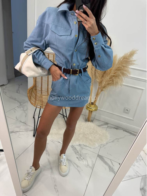 Sukienka mini jeansowa na długi rękaw 100% bawełna DENIM niebieska 161 - photo #11