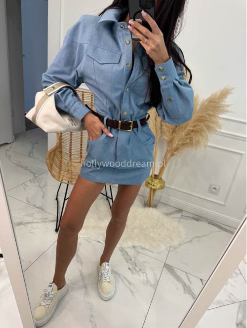 Sukienka mini jeansowa na długi rękaw 100% bawełna DENIM niebieska 161 - photo #12