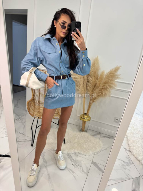 Sukienka mini jeansowa na długi rękaw 100% bawełna DENIM niebieska 161 - photo #16