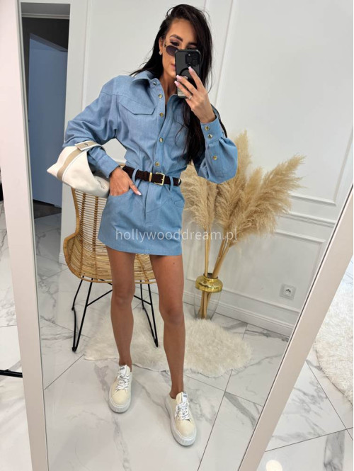 Sukienka mini jeansowa na długi rękaw 100% bawełna DENIM niebieska 161 - photo #17