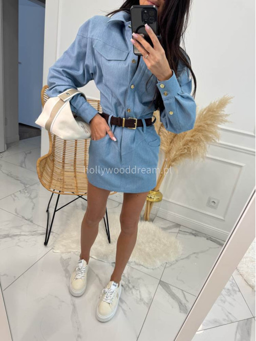 Sukienka mini jeansowa na długi rękaw 100% bawełna DENIM niebieska 161 - photo #18