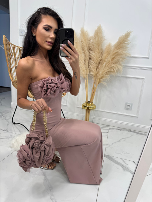 Sukienka maxi z tiulowymi kwiatami ROSE brudny róż+ torebka 155