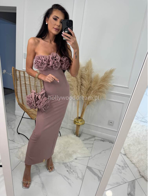 Sukienka maxi z tiulowymi kwiatami ROSE brudny róż+ torebka 155 - photo #1