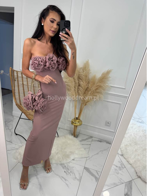 Sukienka maxi z tiulowymi kwiatami ROSE brudny róż+ torebka 155 - photo #2