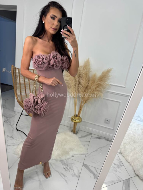 Sukienka maxi z tiulowymi kwiatami ROSE brudny róż+ torebka 155 - photo #3
