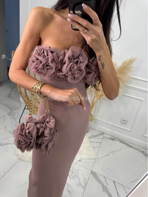 Sukienka maxi z tiulowymi kwiatami ROSE brudny róż+ torebka 155 - photo #6