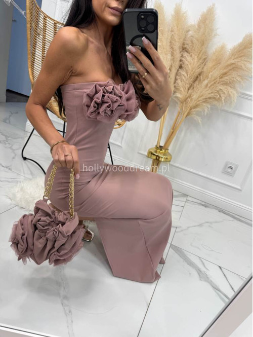 Sukienka maxi z tiulowymi kwiatami ROSE brudny róż+ torebka 155 - photo #13