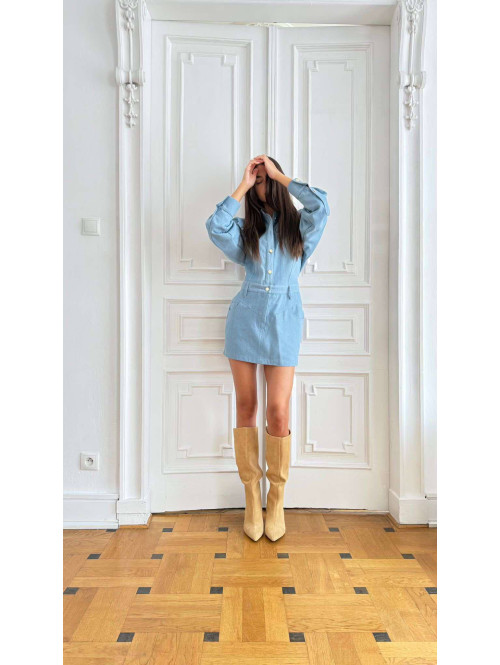 Sukienka mini jeansowa na długi rękaw 100% bawełna DENIM niebieska 161 - photo #23