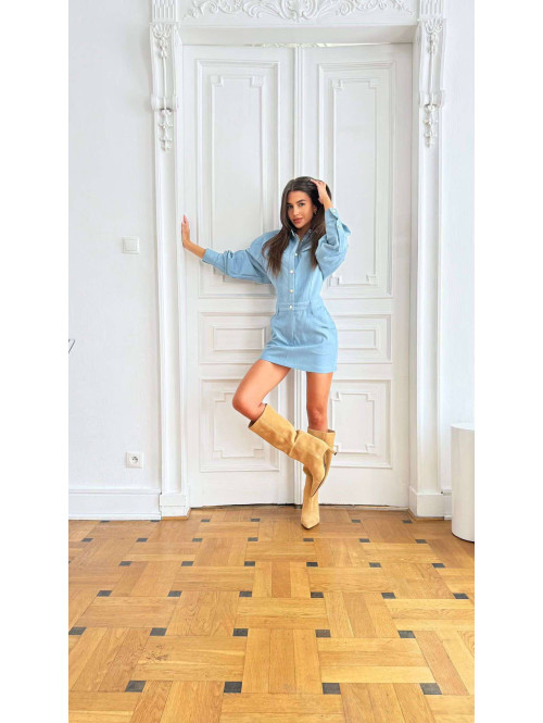 Sukienka mini jeansowa na długi rękaw 100% bawełna DENIM niebieska 161 - photo #28