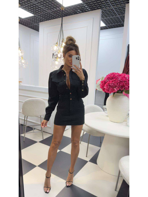Sukienka mini jeansowa na długi rękaw 100% bawełna DENIM czarna 161 - photo #17