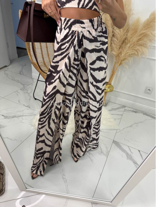 Komplet bawełniany top wiązany+spodnie z wysokim rozporkiem OFELIA zebra kremowo-czekoladowa 163 - photo #5