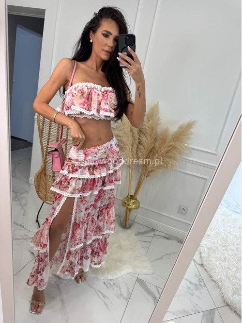 Komplet top+ spódnica maxi z falbanami w kwiaty VIKI kremowo-różowy 48 - photo #3