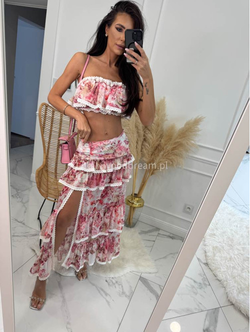 Komplet top+ spódnica maxi z falbanami w kwiaty VIKI kremowo-różowy 48 - photo #4