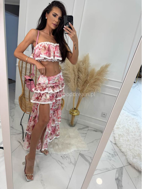 Komplet top+ spódnica maxi z falbanami w kwiaty VIKI kremowo-różowy 48 - photo #9