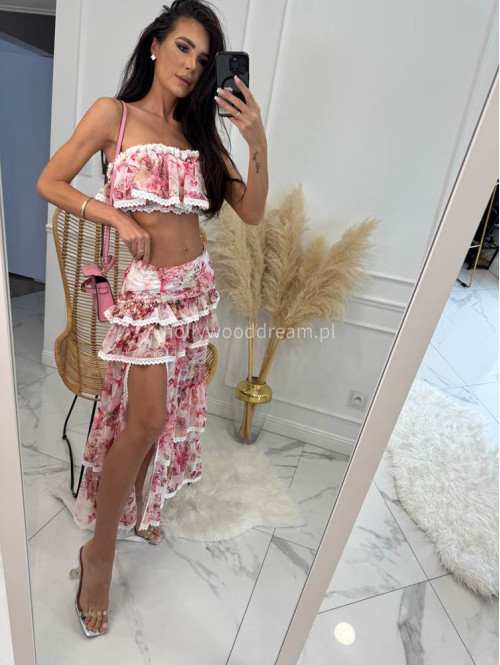 Komplet top+ spódnica maxi z falbanami w kwiaty VIKI kremowo-różowy 48 - photo #10