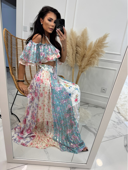Komplet top hiszpanka + spódnica maxi w kwiaty LORINA kremowo-niebieski 09