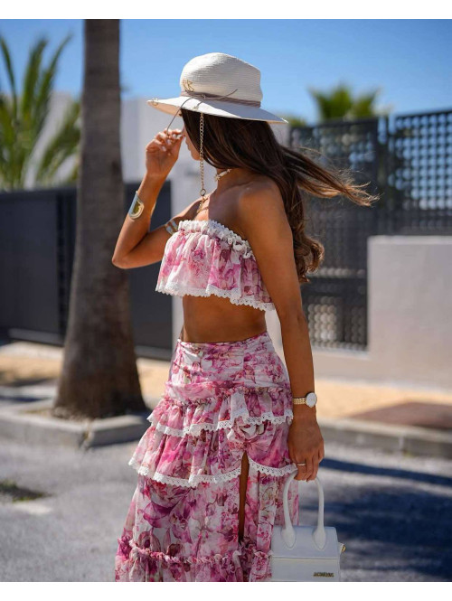 Komplet top+ spódnica maxi z falbanami w kwiaty VIKI kremowo-różowy 48 - photo #21