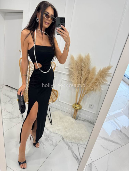 Sukienka maxi prążkowana z regulowanym wycięciem w talii ALINA czarna 26 - photo #5