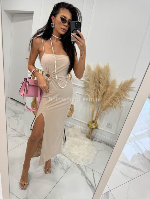 Sukienka maxi prążkowana z regulowanym wycięciem w talii ALINA beżowa 26 - photo #1