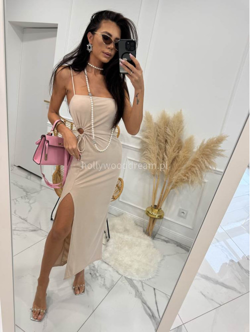 Sukienka maxi prążkowana z regulowanym wycięciem w talii ALINA beżowa 26 - photo #2