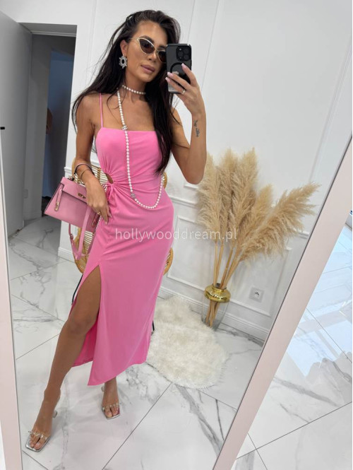 Sukienka maxi prążkowana z regulowanym wycięciem w talii ALINA różowa 26 - photo #3