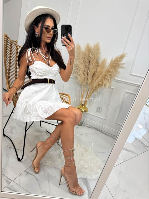 Sukienka mini ażurowa z wiązanymi ramiączkami i falbaną 100% bawełna NAOMI biała 09 - photo #9