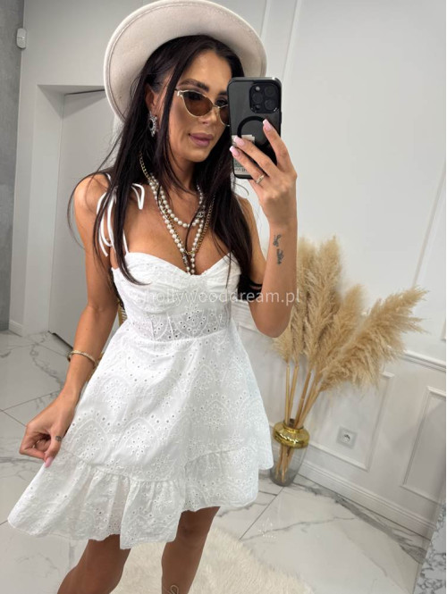 Sukienka mini ażurowa z wiązanymi ramiączkami i falbaną 100% bawełna NAOMI biała 09 - photo #15