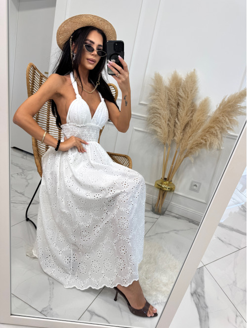 Sukienka midi ażurowa z wiązaniem na szyi i gumką w talii 100% bawełna KELLY biała 09 - photo #1